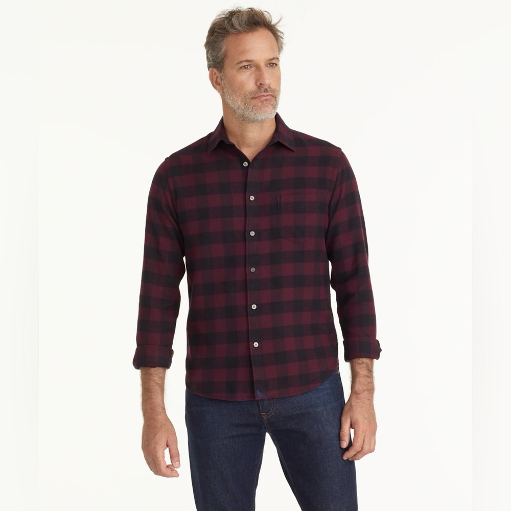 Untuckit Flannel Cotton Button Down Shirt‎ Barrelstone Dark Red Plaid Tall Fit